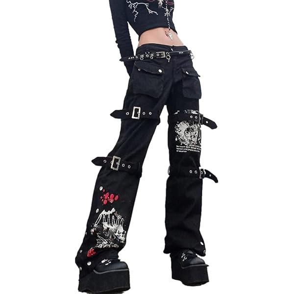 ENFUSO Punk Y2k Grunge Low Waist Emo Jeans Mall Gothic Women Black